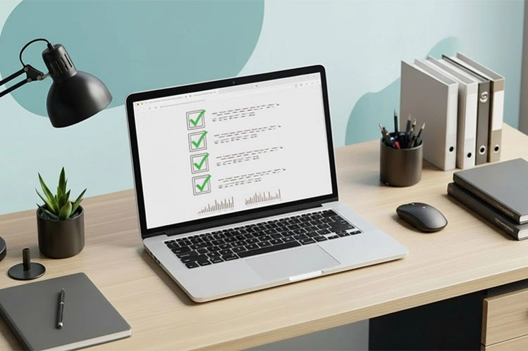 Laptop en escritorio mostrando checklist con marcas verdes y gráficos.