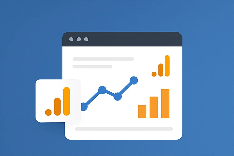 Ilustración minimalista de un panel de Google Analytics con gráficos de barras y líneas sobre fondo azul.