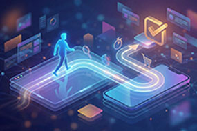 Ilustración de una silueta de usuario recorriendo un camino digital fluido desde pantallas de escritorio hasta un móvil, finalizando en un icono de éxito.