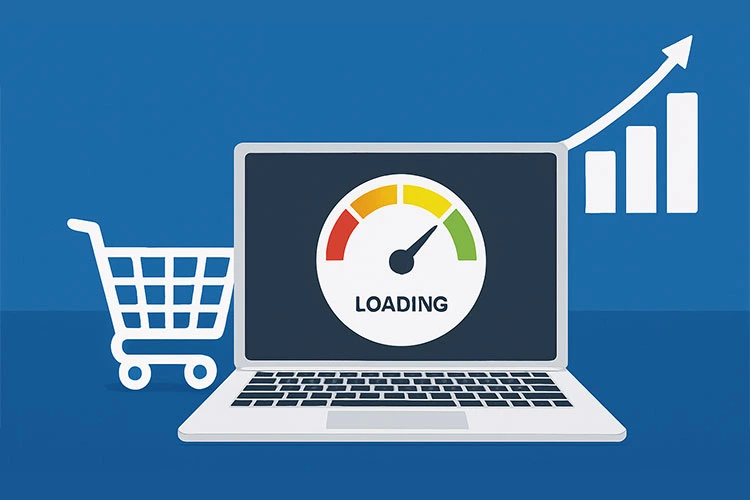 notebook mostrando en la pantalla un relog de carga junto a un carrito de compras y un gráfico en alza