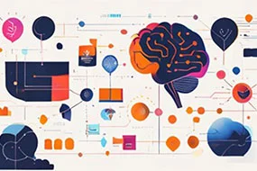 Ilustración conceptual de un cerebro conectado con iconos de branding que representa la esencia y el alma de la identidad corporativa.