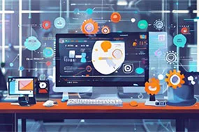 Ilustración digital de un escritorio con un monitor que muestra una interfaz compleja, rodeado de engranajes y elementos gráficos vibrantes que simbolizan la integración del diseño web y la experiencia de usuario (UX).