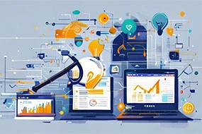 imagen con una tablet, una notebook y una pc con métricas en sus pantallas y detrás de los dispositivos una serie de íconos